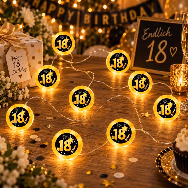 Catena luminosa da 2 metri, con 20 LED bianco caldo, ideale per il diciottesimo compleanno, color oro e nero