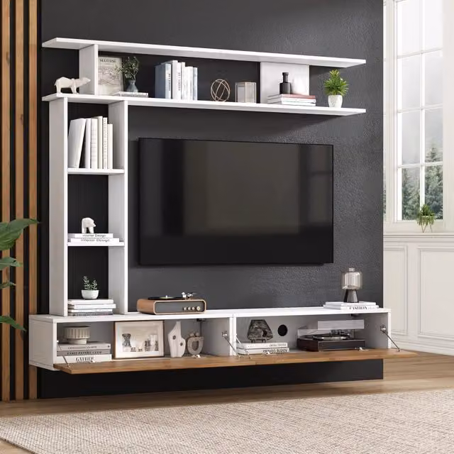 Mobile TV da Parete e Soggiorno con Vetrina e Ripiani ¨C MINIMAL ¨C Bianco/Legno 180x35x22.5