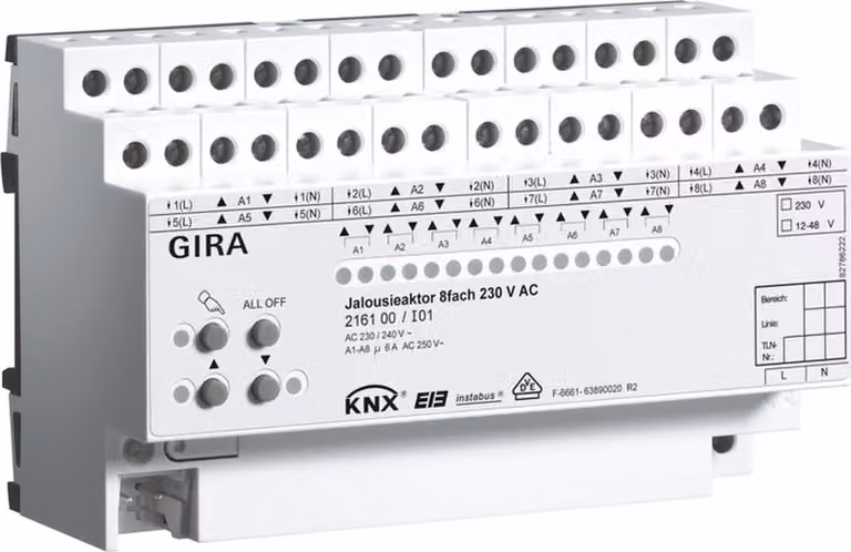 Attuatore per tapparelle Gira KNX 8 canali 230 V CA REG con comando manuale, 1 pz.