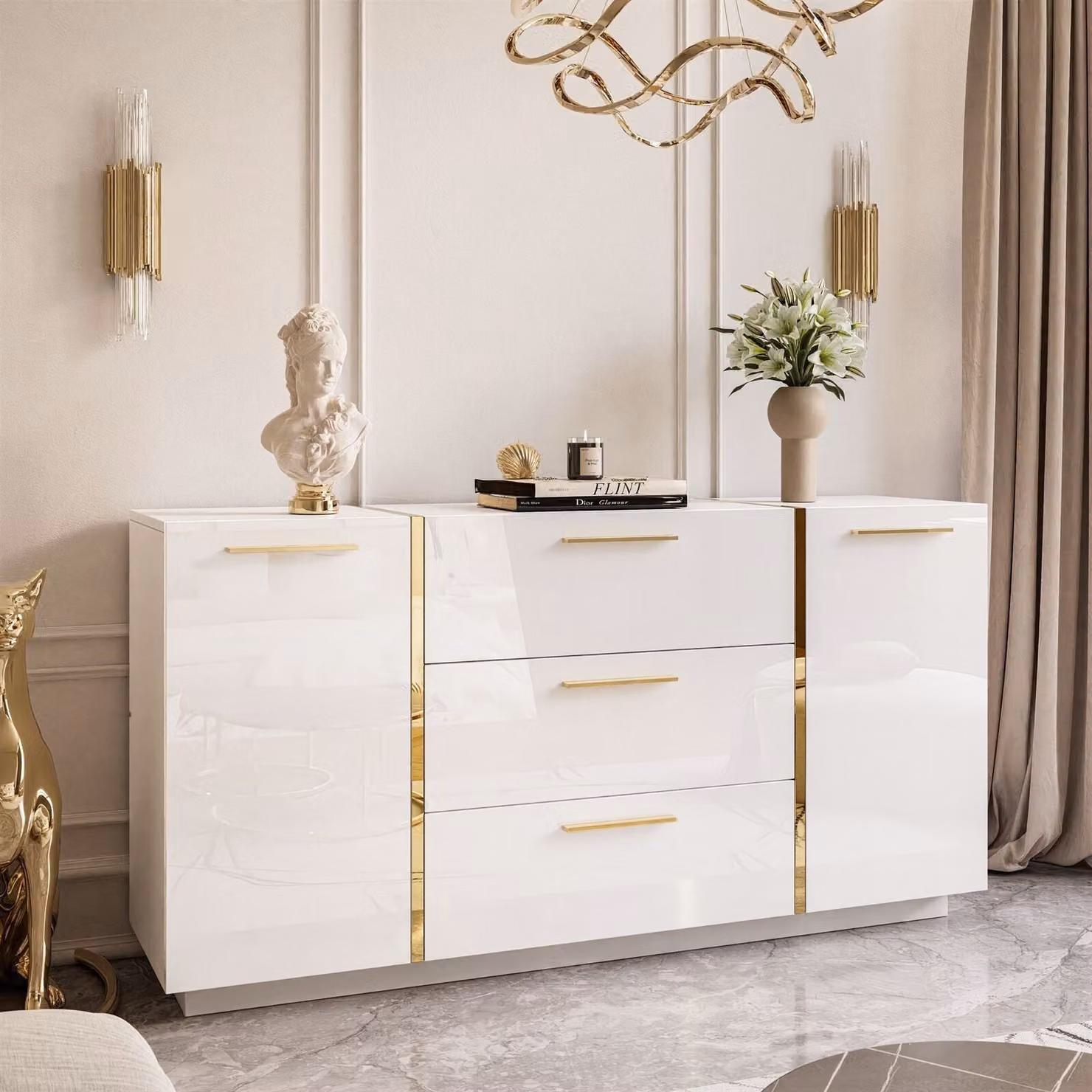 Comò con cassetti ONYX bianco lucido 158 cm con maniglie