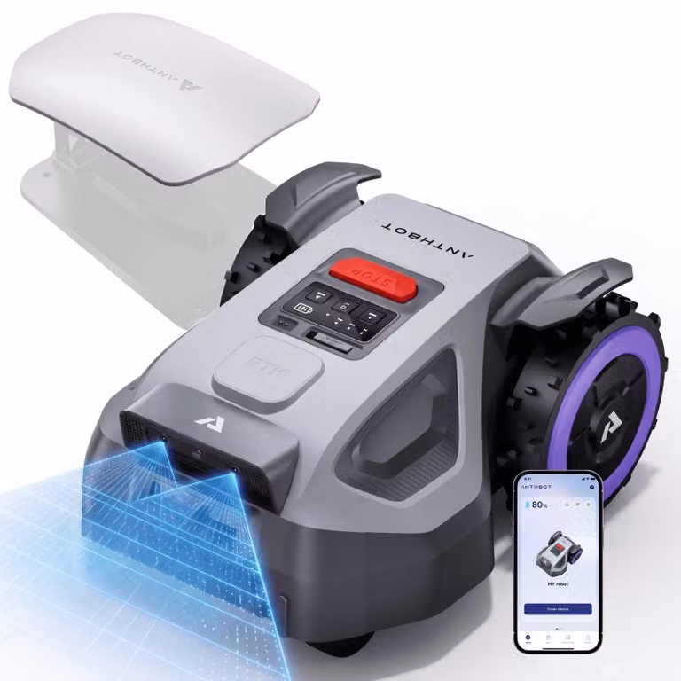 Robot tosaerba Anthbot M9 senza cavo perimetrale, con Garage Pro (sistema a incastro) - 900 m² - RTK e telecamera con IA - Senza attrezzi