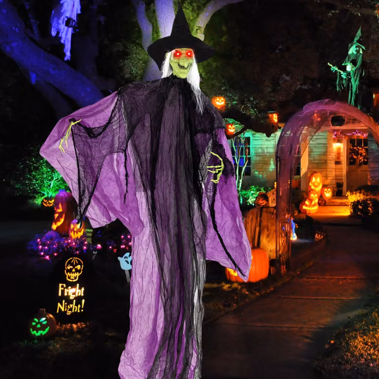 Costway Decorazione halloween strega animata con occhi luminosi, Strega animatronica halloween con suono terrificante braccia snodabili