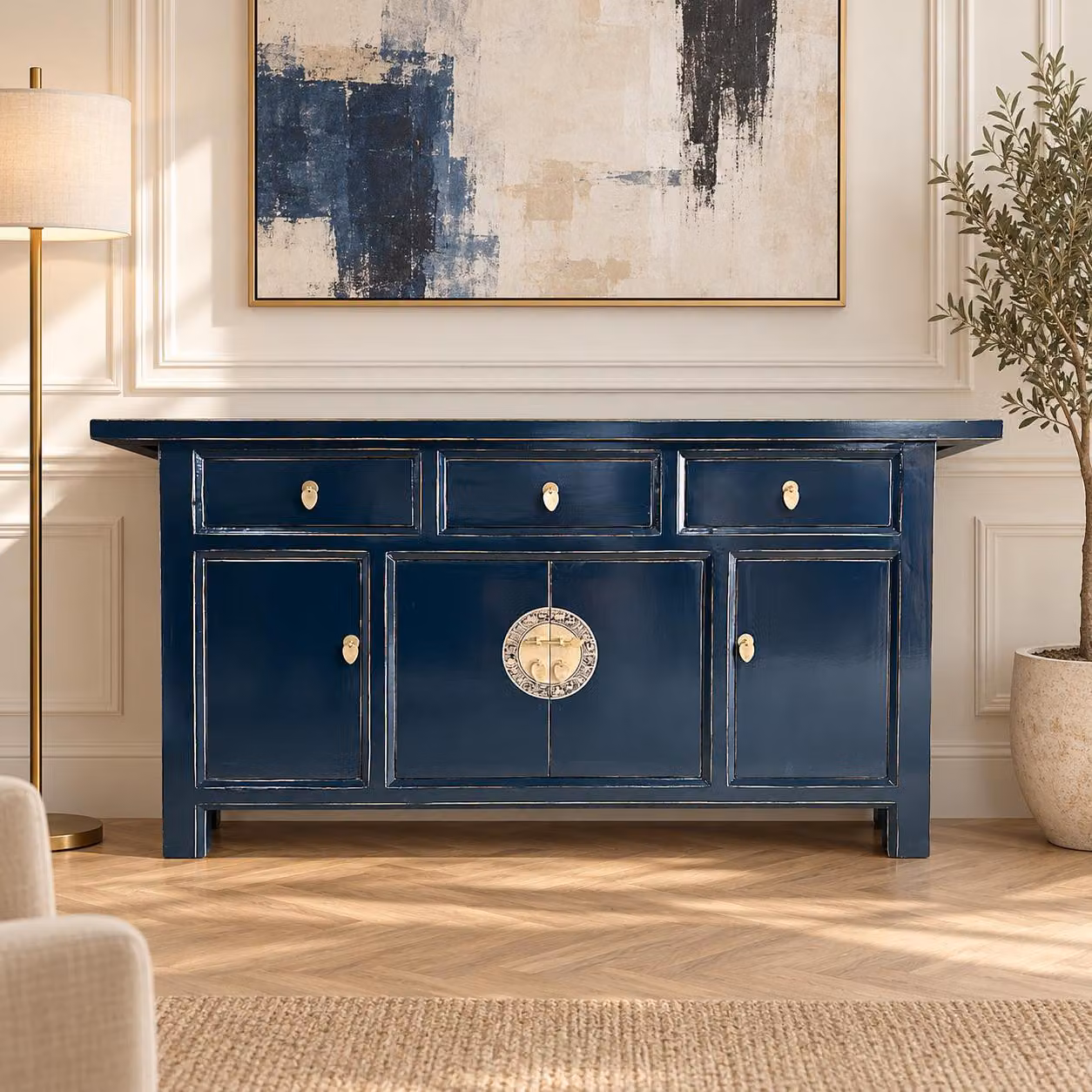 Mobiletto contenitore, credenza, basso, stile asiatico, completo di montaggio, stile cinese, asiatico, orientale, blu scuro, buffet, mobile da portata, stile vintage