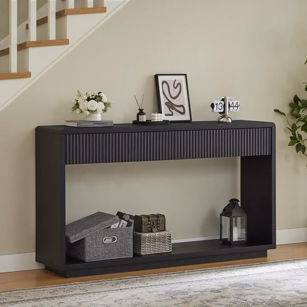 Consolle Mivray per ingresso e soggiorno con due cassetti e vano aperto, nera, L: 150 cm, P: 35 cm, H: 85 cm – 2