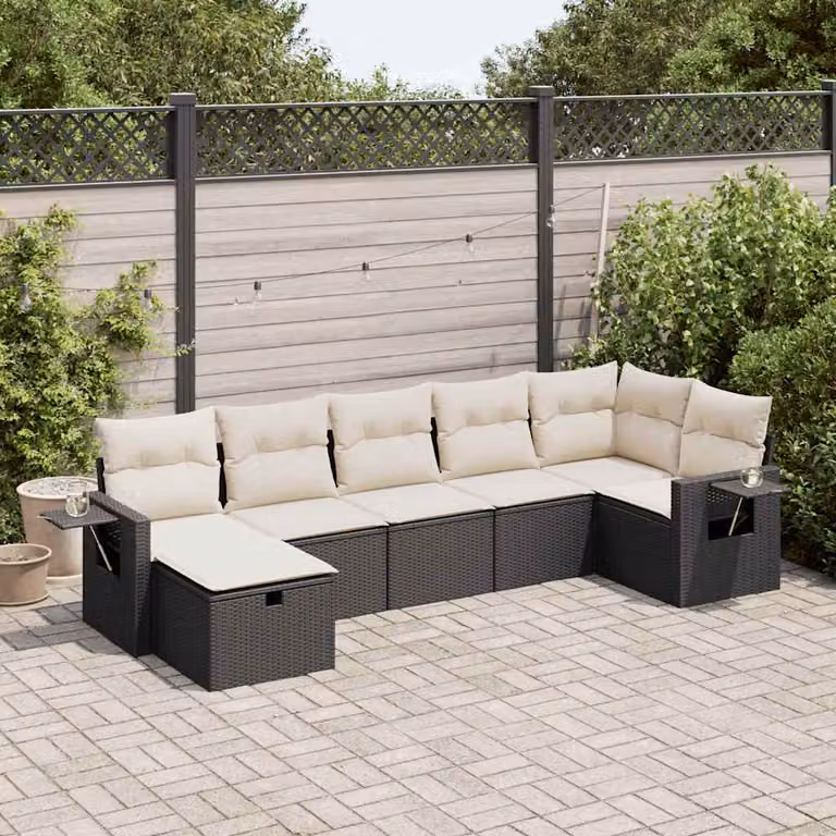 Set Divano da Giardino a L vidaXL in Polyrattan Nero con 7 Cuscini Imbottiti e Coperture Rimosse