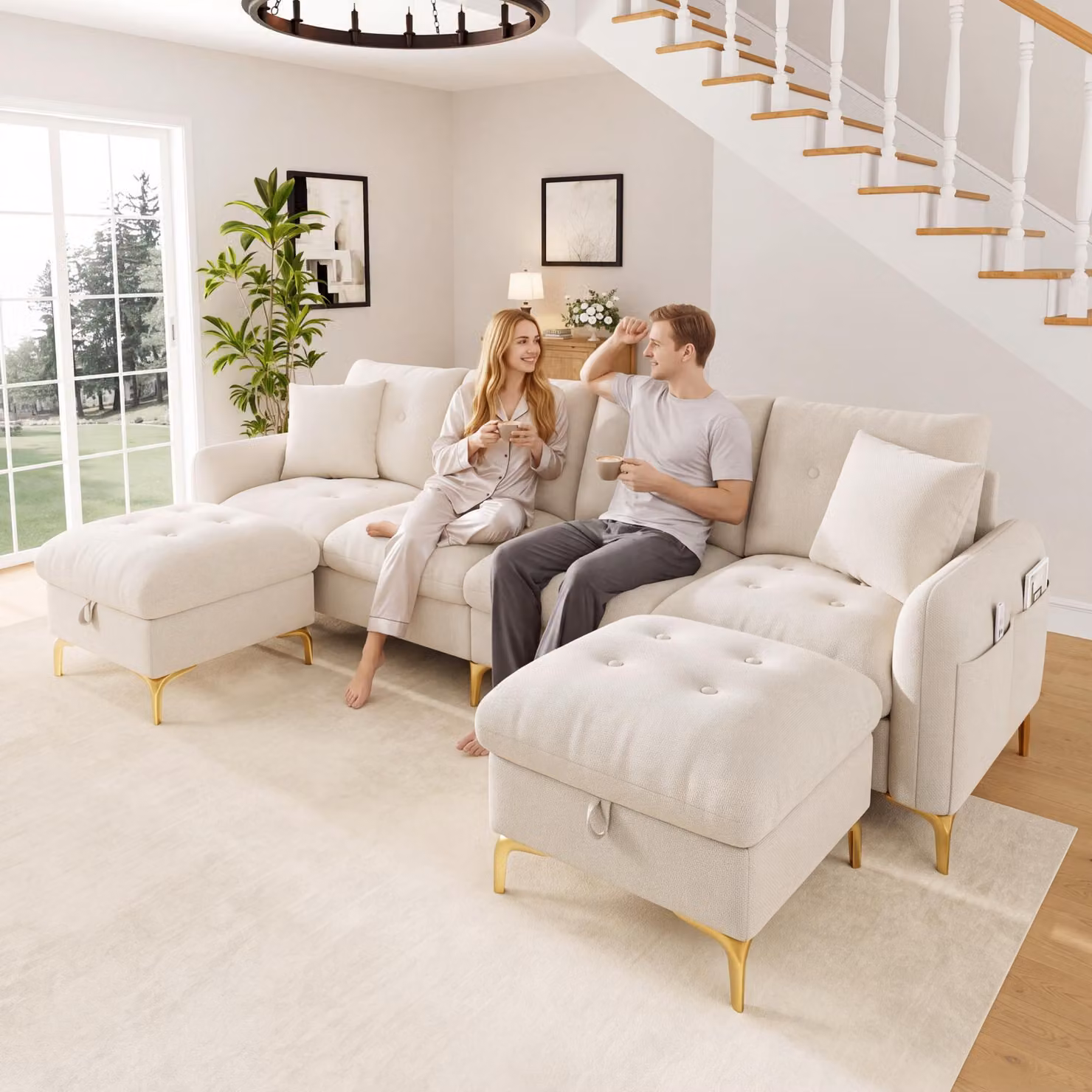 Divano letto Flieks con poggiapiedi contenitore, divano con cuscini decorativi, divano a forma di "U" per 4 persone, dimensioni 263x137x85 cm, colore beige, tessuto chenille