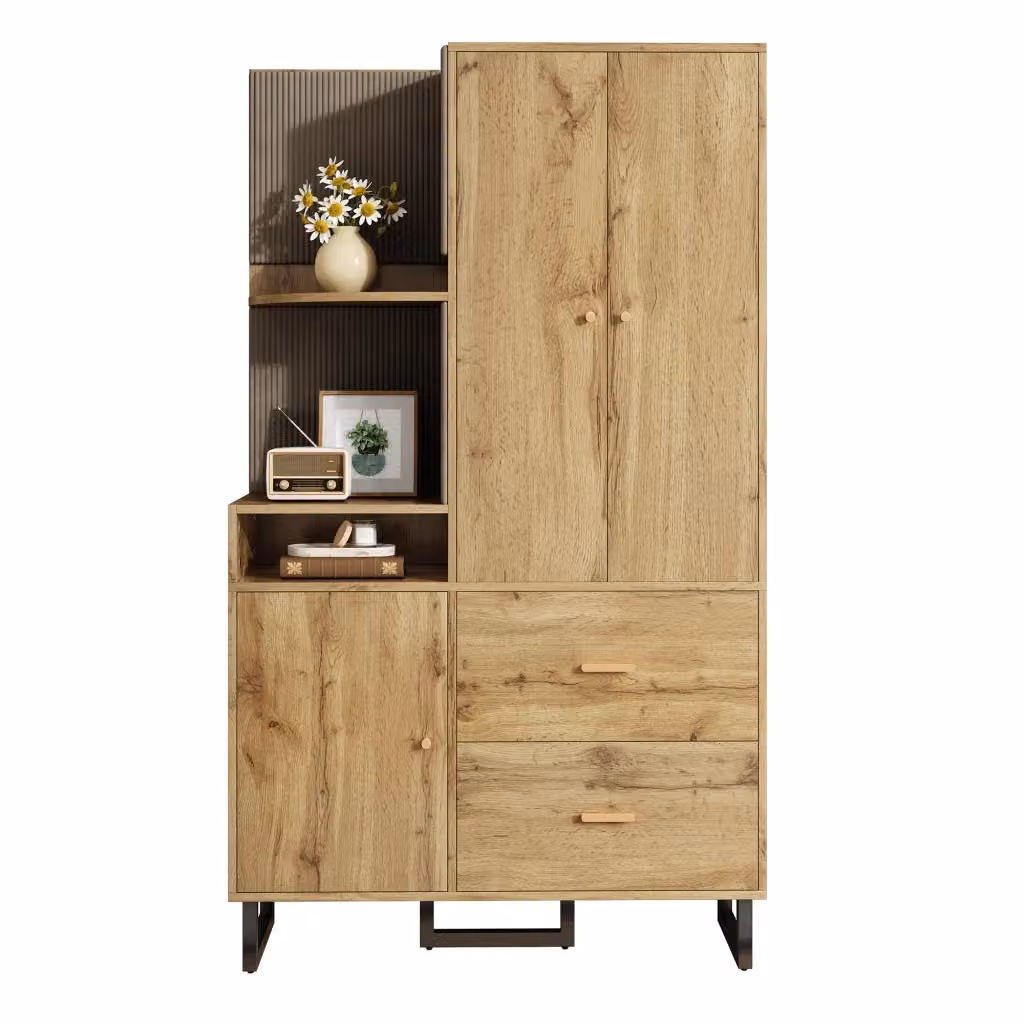 Mobile da Ingresso Moderno Chicfurn con Anta, Cassetti e Ripiani, Nero e Marrone, L/P/H: 110 x 38 x 186 cm – 2