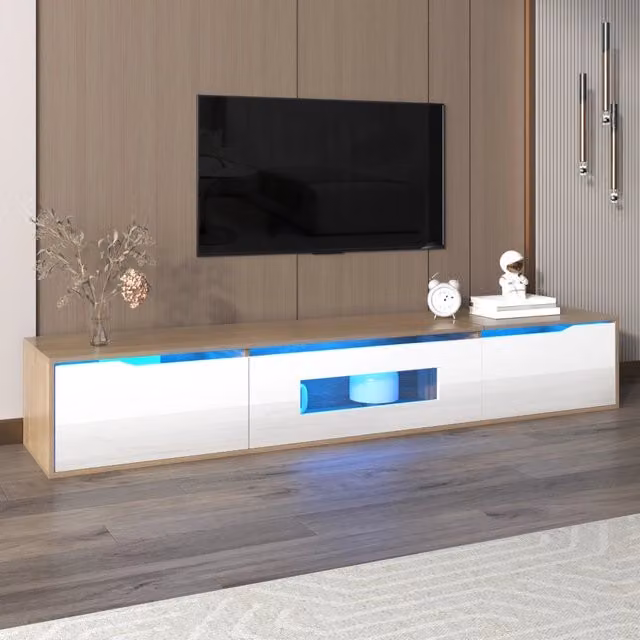 Mobile TV moderno WISHDOR bianco lucido con dettagli effetto legno e illuminazione LED integrata L/P/H: 180 x 35 x 30 cm