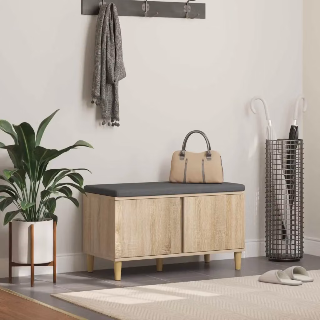 Panca per ingresso con scarpiera e cuscino in tessuto, design moderno, marrone e grigio, L 80 x P 38 x H 46 cm – 2