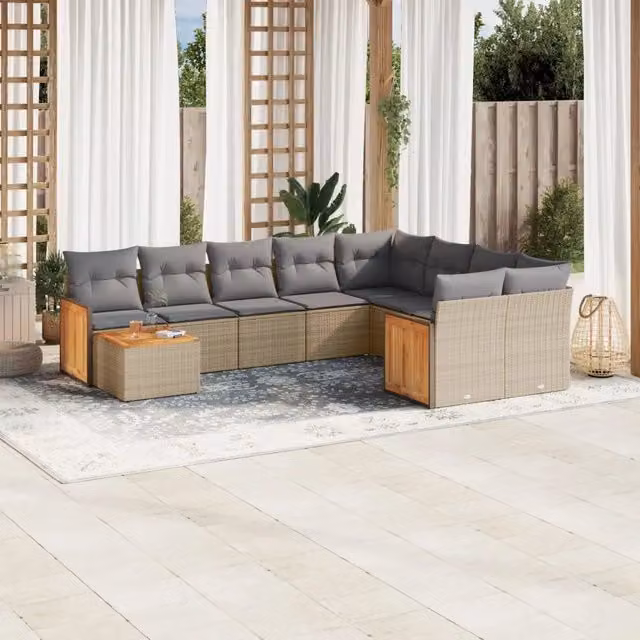 Set Divano da Giardino 10 pz con Cuscini Beige in Polyrattan 3227998