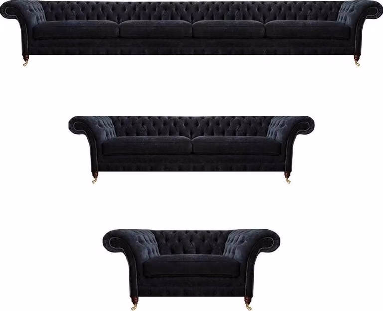 Chesterfield Schwarze Textilgarnitur Viersitzer Couch Zweisitzer Sessel