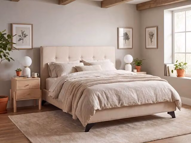 Letto Matrimoniale Beliani in Tessuto Beige con Struttura in Legno di Rubberwood L/P/H: 140 x 200 cm – 1