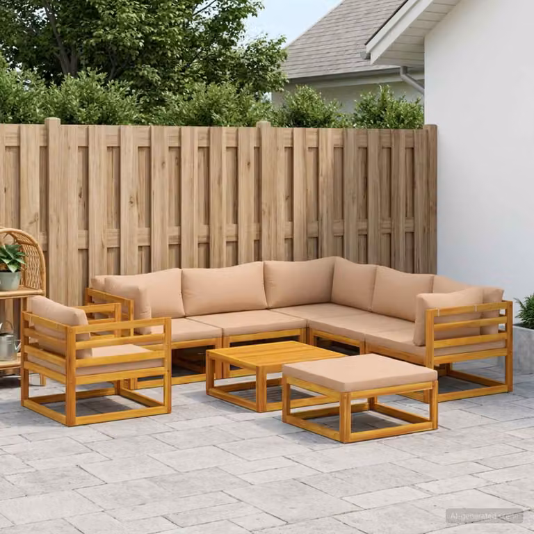 vidaXL Set di divani da giardino 8 pz in legno di acacia massello con cuscini beige e tavolo da esterno, stile rustico, colore marrone