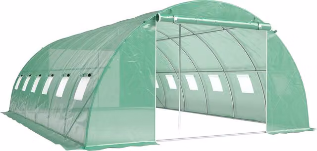 Serra a tunnel Outsunny verde con 2 aste di supporto, 2 porte avvolgibili e finestre con rete e copertura in PE anti-UV