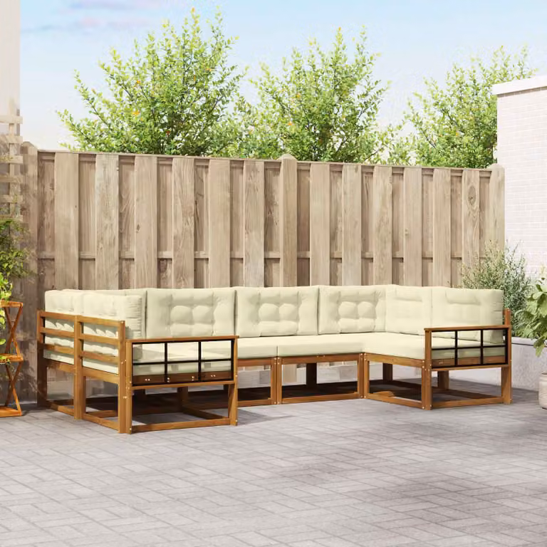 Set di divani da esterno vidaXL 6 pz in legno di acacia con cuscini, forma a L, beige e marrone