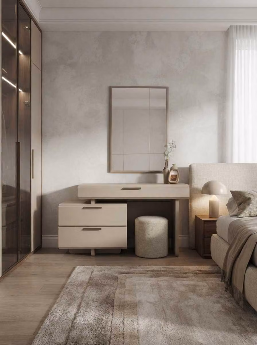 Tavolino da trucco, specchiera, sgabello, beige, moderno, elegante