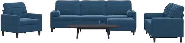 Set di divani moderno vidaXL in velluto blu composto da divano a 3 posti, divano a 2 posti e pouf con cuscini e struttura in metallo – 1