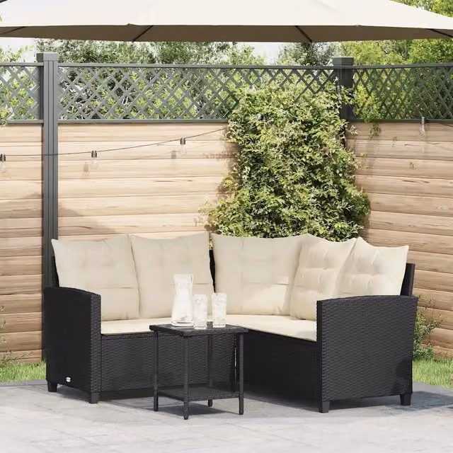 Divano da Giardino con Tavolo e Cuscini a L Nero in Polyrattan 4103872