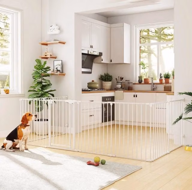 Recinto per animali domestici pieghevole a 8 pannelli con porta, acciaio al carbonio e plastica, bianco, per cani piccoli e medi