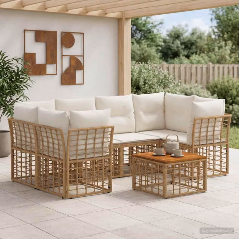 Set di divani da esterno vidaXL in polyrattan 7 pz con tavolo da caffè e cuscini, colore beige e bianco crema
