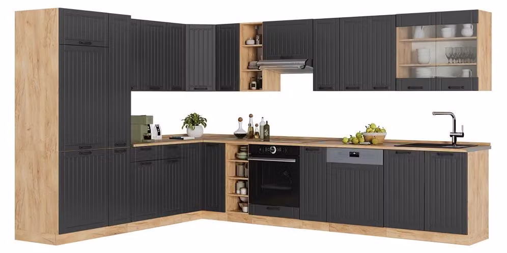 Cucina angolare completa Vicco Fame-Line Grigio scuro/Rovere dorato 347 x 257 cm senza piano di lavoro, Model 57161
