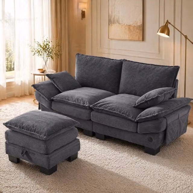 Divano 2 posti con pouf e porta USB-C in tessuto corduroy; 190x132x84 cm; grigio scuro