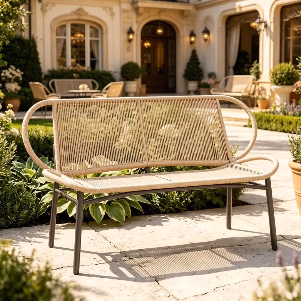 Panca da giardino a 2 posti WISHDOR in polyrattan e metallo con braccioli, nero e beige – 2