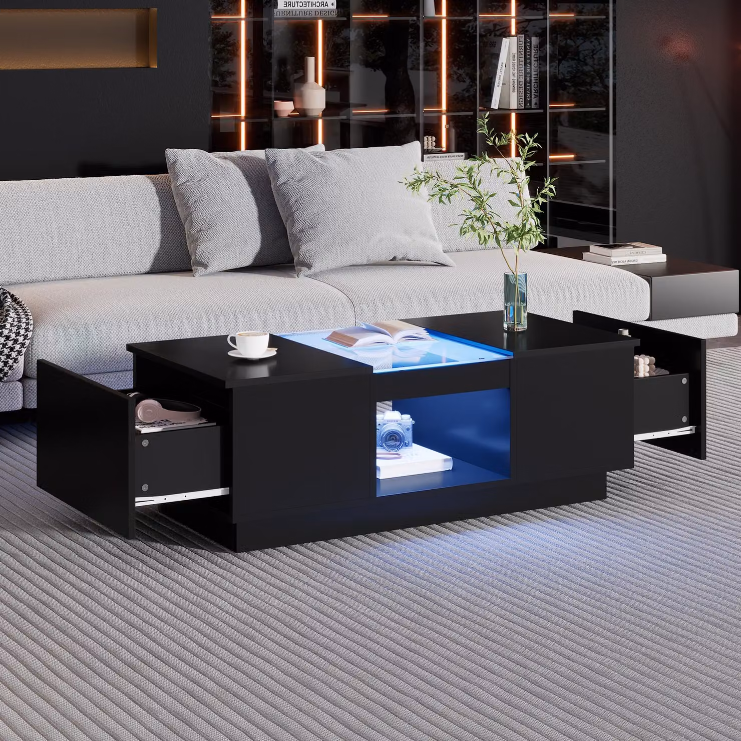 Tavolino STILVORA con piano in vetro, tavolino con illuminazione tramite controllo APP, tavolino da divano con 2 cassetti e 1 vano a giorno, nero