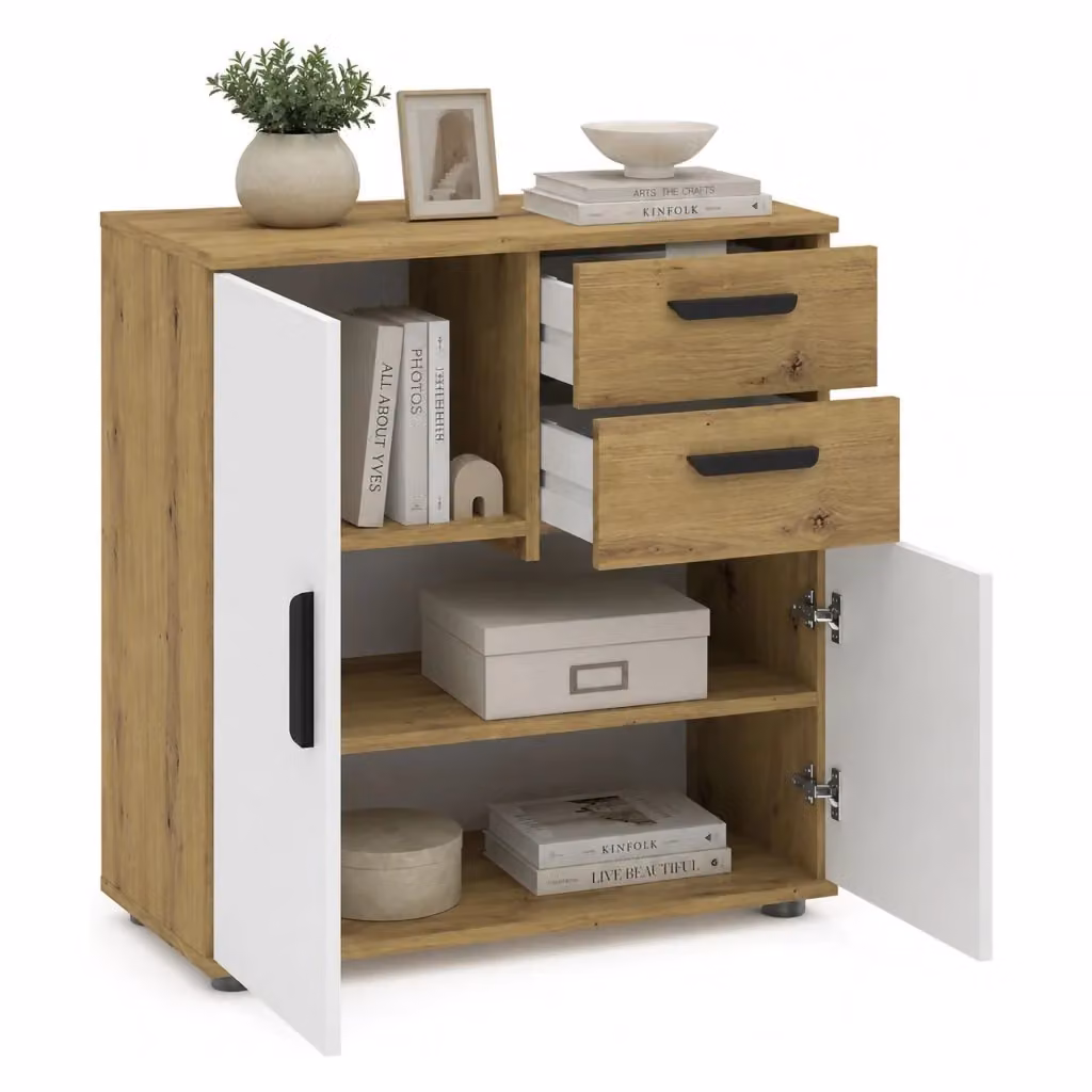 Madia DMORA in legno MDF color rovere e bianco, design moderno per cucina o soggiorno, L: 71 cm, P: 33 cm, H: 75 cm – 2