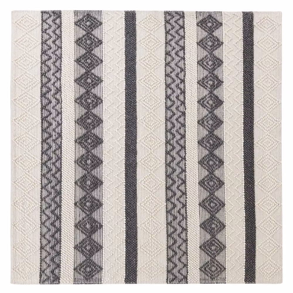 Tappeto Beliani intrecciato a mano in lana e poliestere con motivo geometrico boho, beige e grigio, 200 x 200 cm – 2