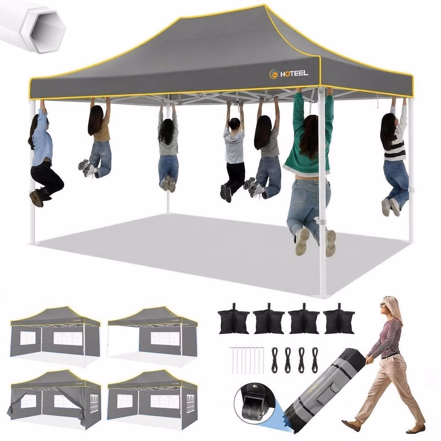 Gazebo da esterno 3x4,5 metri, impermeabile, stabile, struttura esagonale in alluminio, con 4 pareti laterali nere