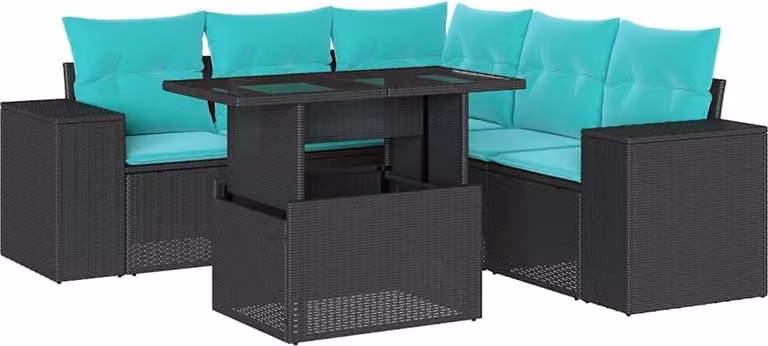 set di 6 divani da giardino con cuscini, in polyrattan nero