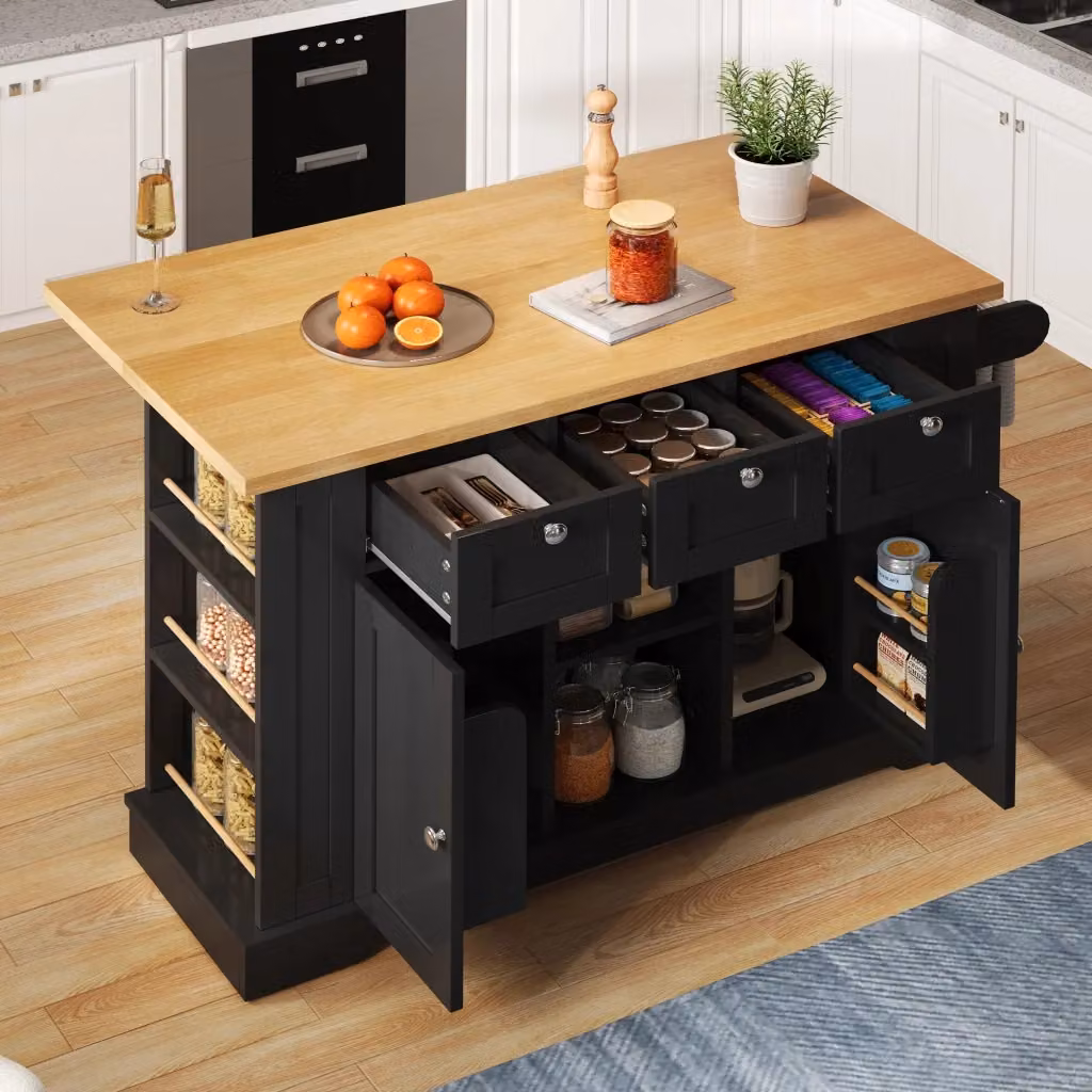 Isola cucina mobile in stile rustico con piano pieghevole, 3 cassetti, prese USB e ruote, marrone e nero, L: 132 cm, P: 70 cm, H: 87 cm – 2