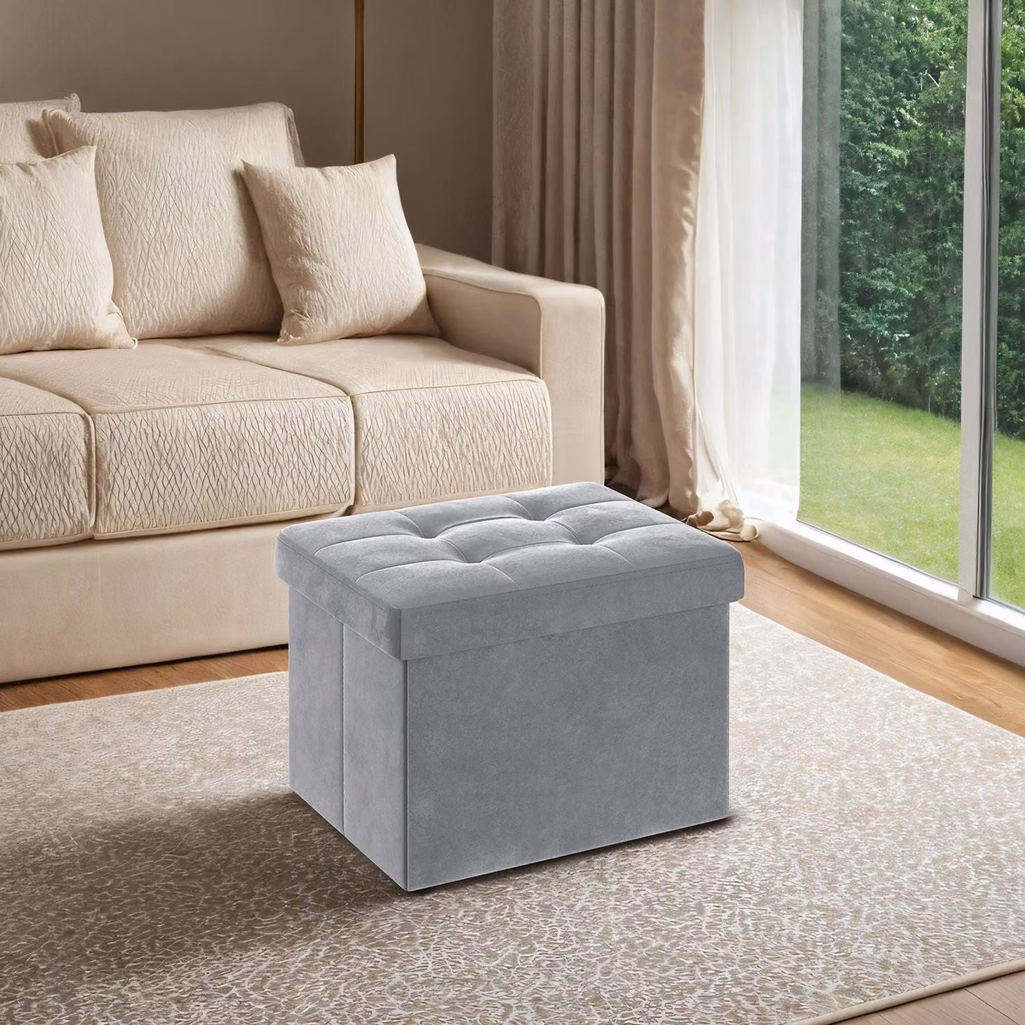Panca portaoggetti in velluto con coperchio ribaltabile | Grigio chiaro | 41x31x31 cm