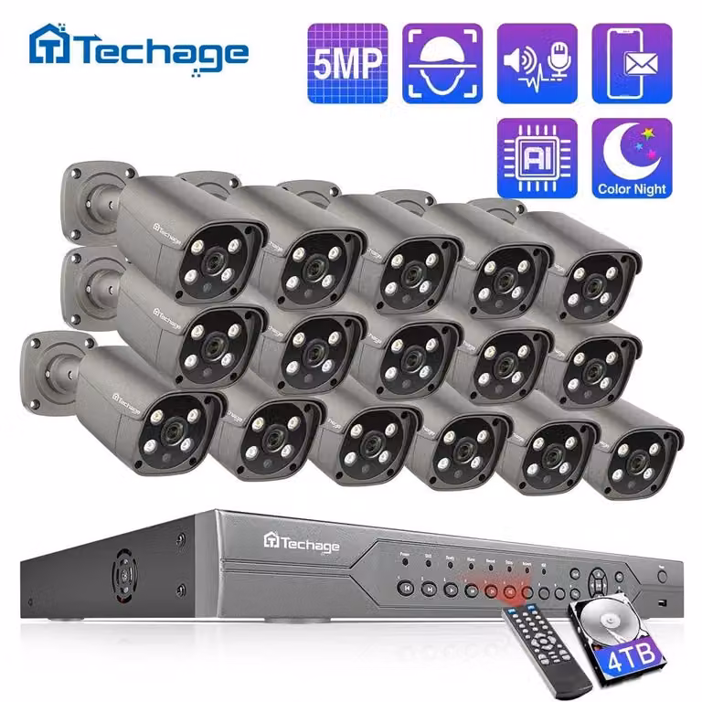 Kit di telecamere di videosorveglianza CCTV con 16 canali, risoluzione 5MP, rilevamento umano tramite intelligenza artificiale e audio bidirezionale
