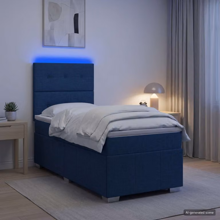 Letto Box Spring vidaXL con Materasso Blu e Illuminazione LED, Base con Contenitore e Porta USB, L/P: 100 x 200 cm