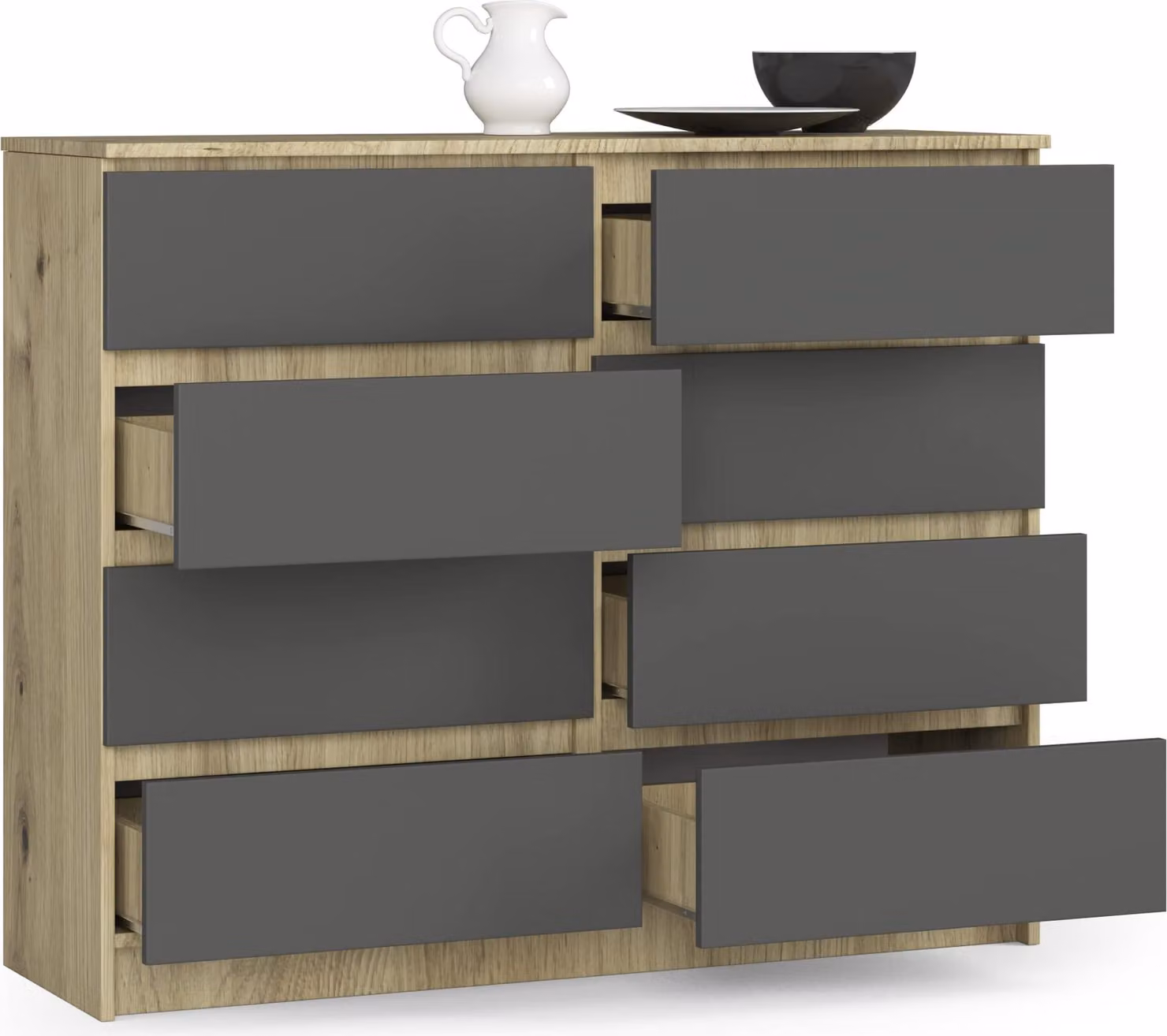 BDW, cassettiera con 8 cassetti, 120x99x40 cm, molto spazio, rovere Artisan - grigio