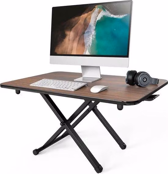 Piattaforma regolabile in altezza per scrivania Unyqoos® – postazione di lavoro seduta/in piedi con sistema a gas, 78x52 cm, marrone, altezza regolabile da 5,5 a 41 cm, portata massima 10 kg, struttura in acciaio