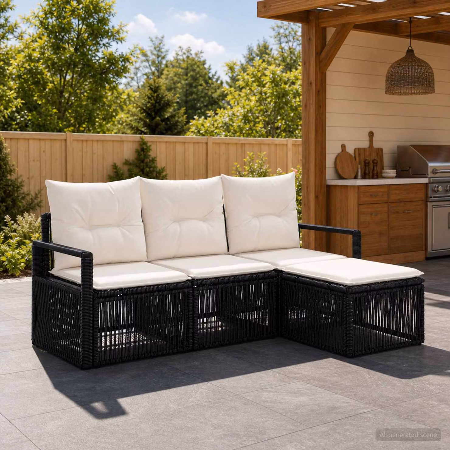 Set Divano da Giardino L-Shape vidaXL 4 Pezzi Nero con Poltrona e Pouf in Polyrattan e Acciaio