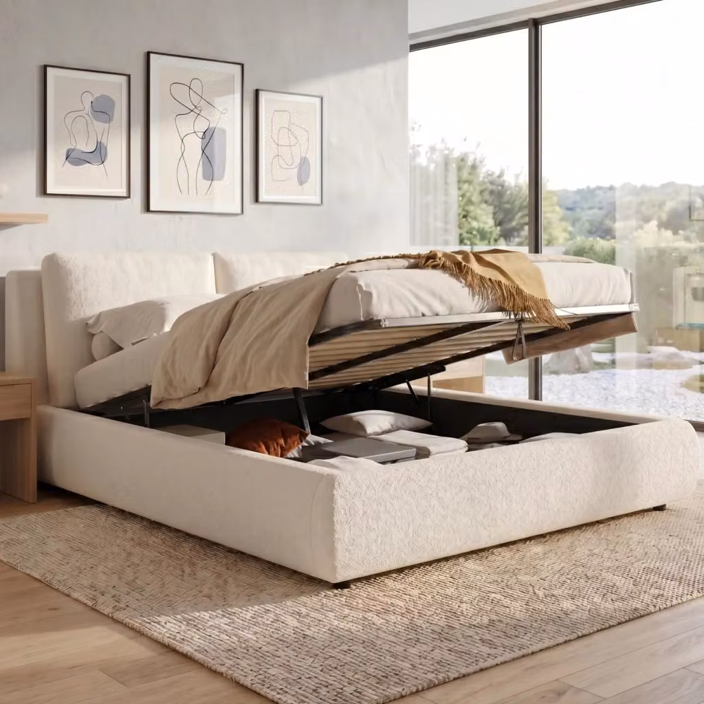 Letto matrimoniale imbottito MODFU con contenitore e rete a doghe, rivestimento in bouclé beige, L/P: 160 x 200 cm – 2