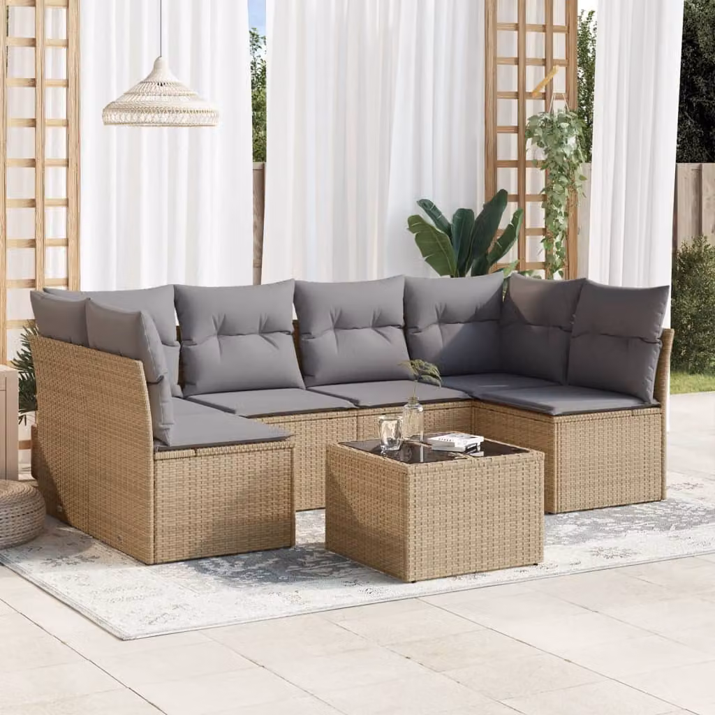 vidaXL Set Divani da Giardino 7 pz a L con Polyrattan e Cuscini Beige e Grigio – 1