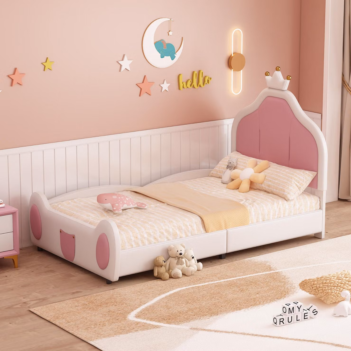 Letto imbottito Fortuna Lai per bambini, 90*200 cm, testiera con cornice, design infantile con listelli alla testiera e ai piedi del letto, design patchwork bicolore, tessuto in Pelle finta, bianco