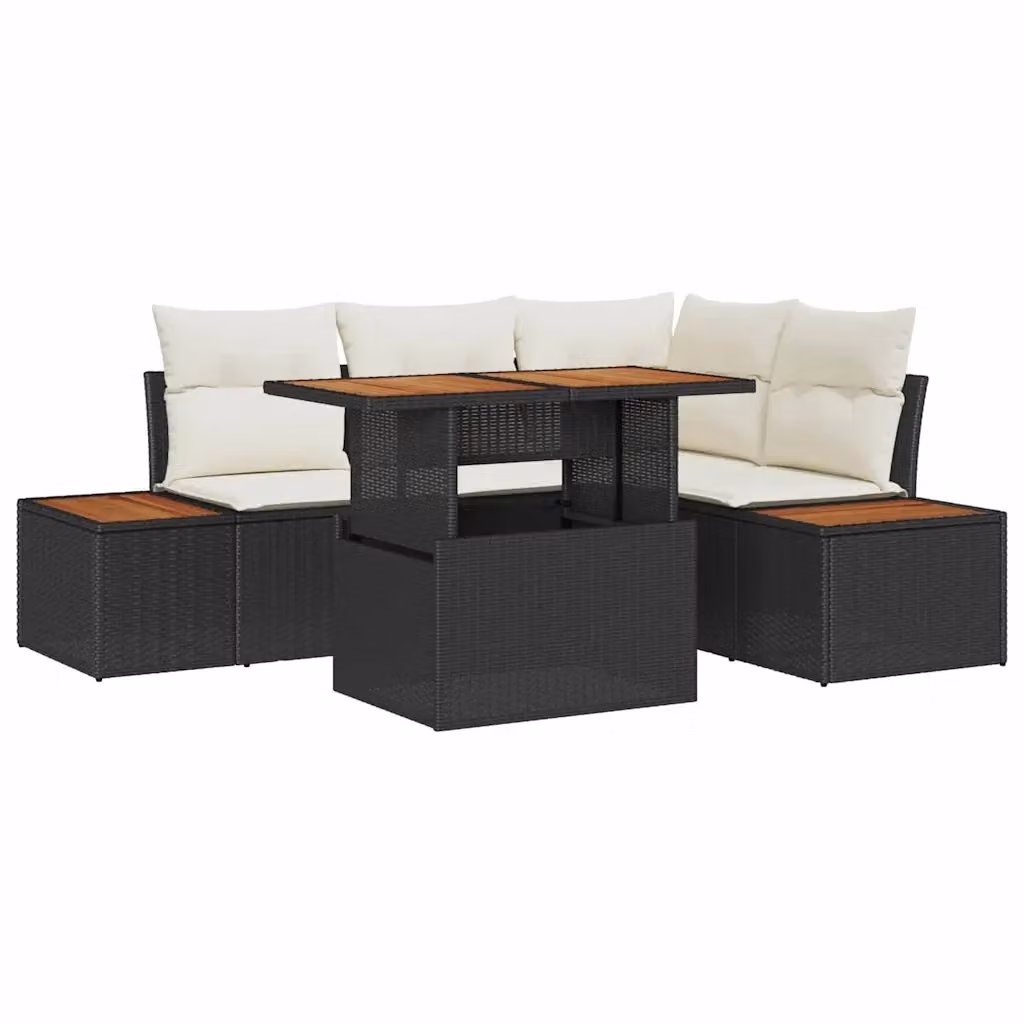 Set da pranzo da giardino vidaXL in rattan e legno di acacia con cuscini, 5 pezzi, Nero e Beige – 2