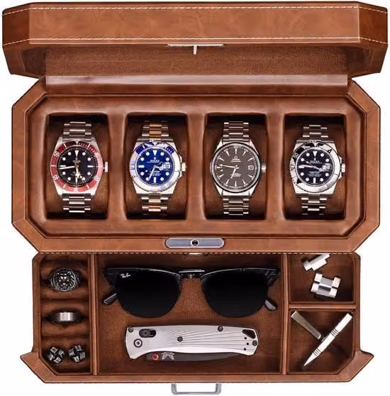 Cassetta orologio in legno con 4 contenitori e cassetta di ripostiglio - organizzatore di gioielli di lusso, display chiuso con vetrina in vetro reale - cassetta orologio per uomini e donne (marrone chiaro)