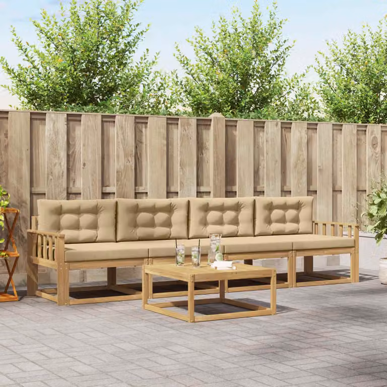 Set di mobili da esterno vidaXL composto da divano a 3 posti, poltrone e tavolino in legno di acacia con cuscini, colori bianco, beige e marrone