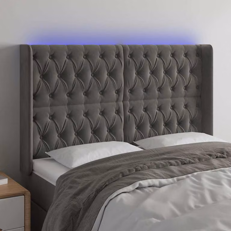 vidaXL Testiera con LED e Porte USB in Velluto Grigio L: 163 cm, P: 16 cm, H: 118 cm