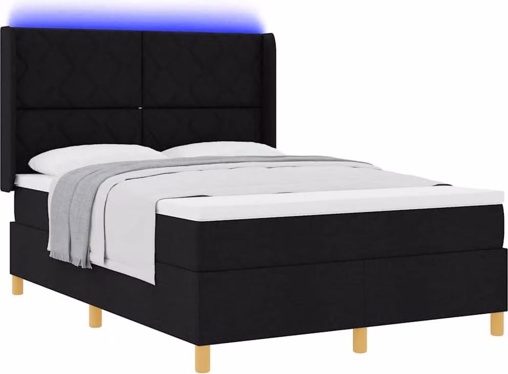 Letto a molle con strisce LED Nero 160 x 200 cm Tessuto