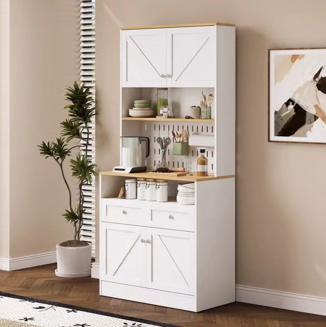 Sideboard 80x40x175 cm con pannello forato e ante stile fienile in MDF e pannelli di particelle bianco e naturale