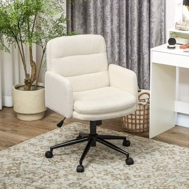 Sedia da ufficio girevole OKWISH con braccioli e funzione basculante, rivestimento in poliestere bianco, L: 61,5 cm, P: 65 cm, H: 91-101 cm – 1