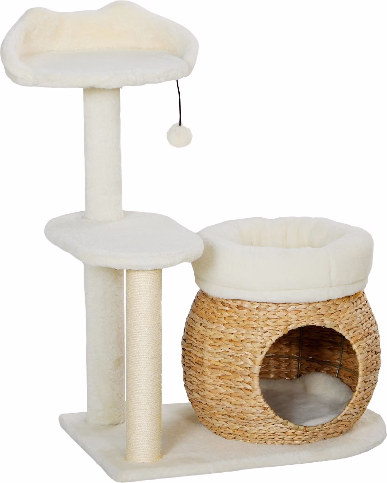Moonbite, tiragraffi piccolo da 79 cm con casetta per gatti, due letti e una pallina, colonne in giunco e sisal, rivestito in peluche, realizzato in pannello di legno, colore crema